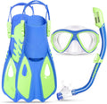 Kids Snorkel Set with Tempered Glass Mask and Adjustable Fins - Ages 5