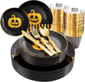 Halloween Plates Black Gold Set for 25 Guests - Smiley Pumpkin