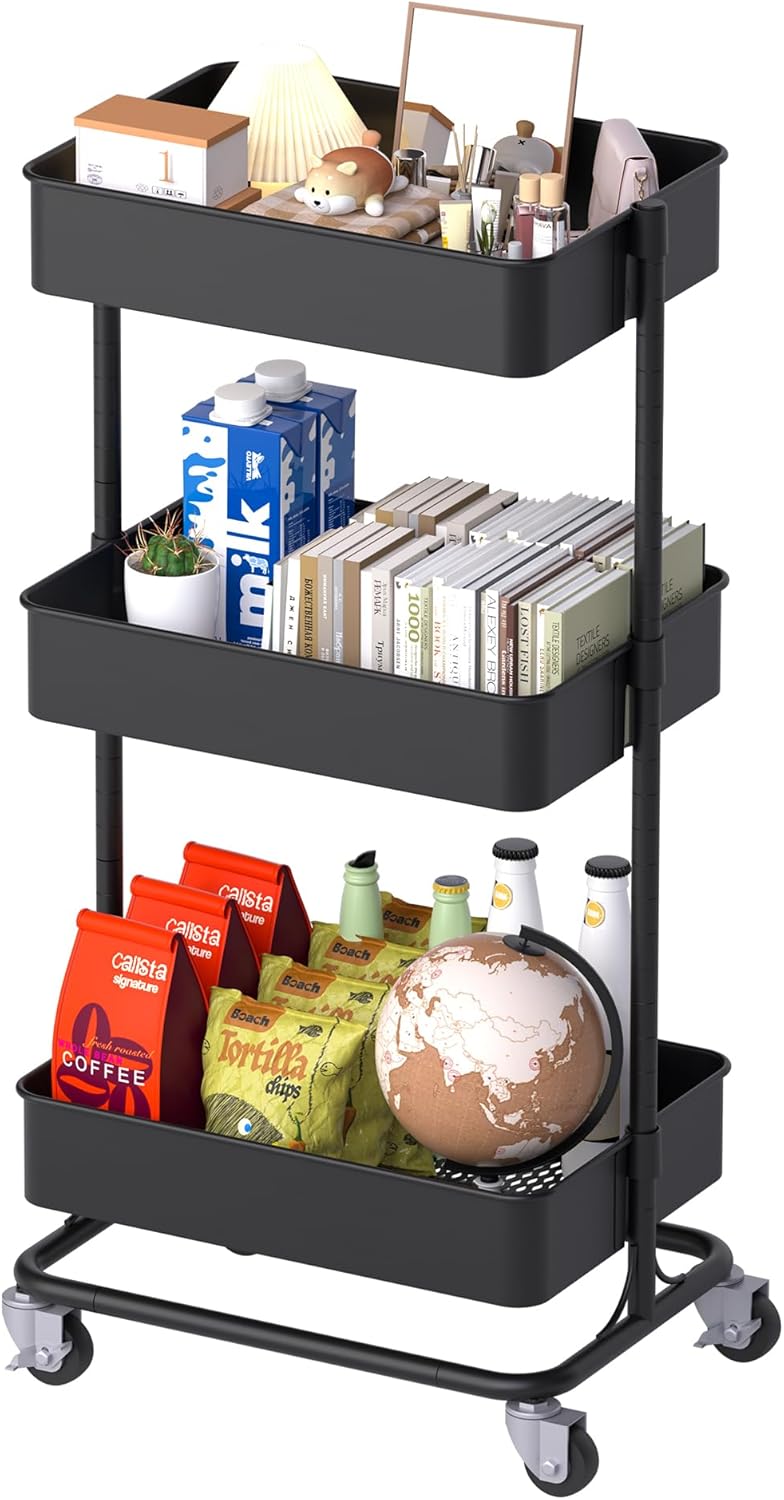 TECBOT 3 Tier Metal Rolling Cart with Wheels for Easy Storage