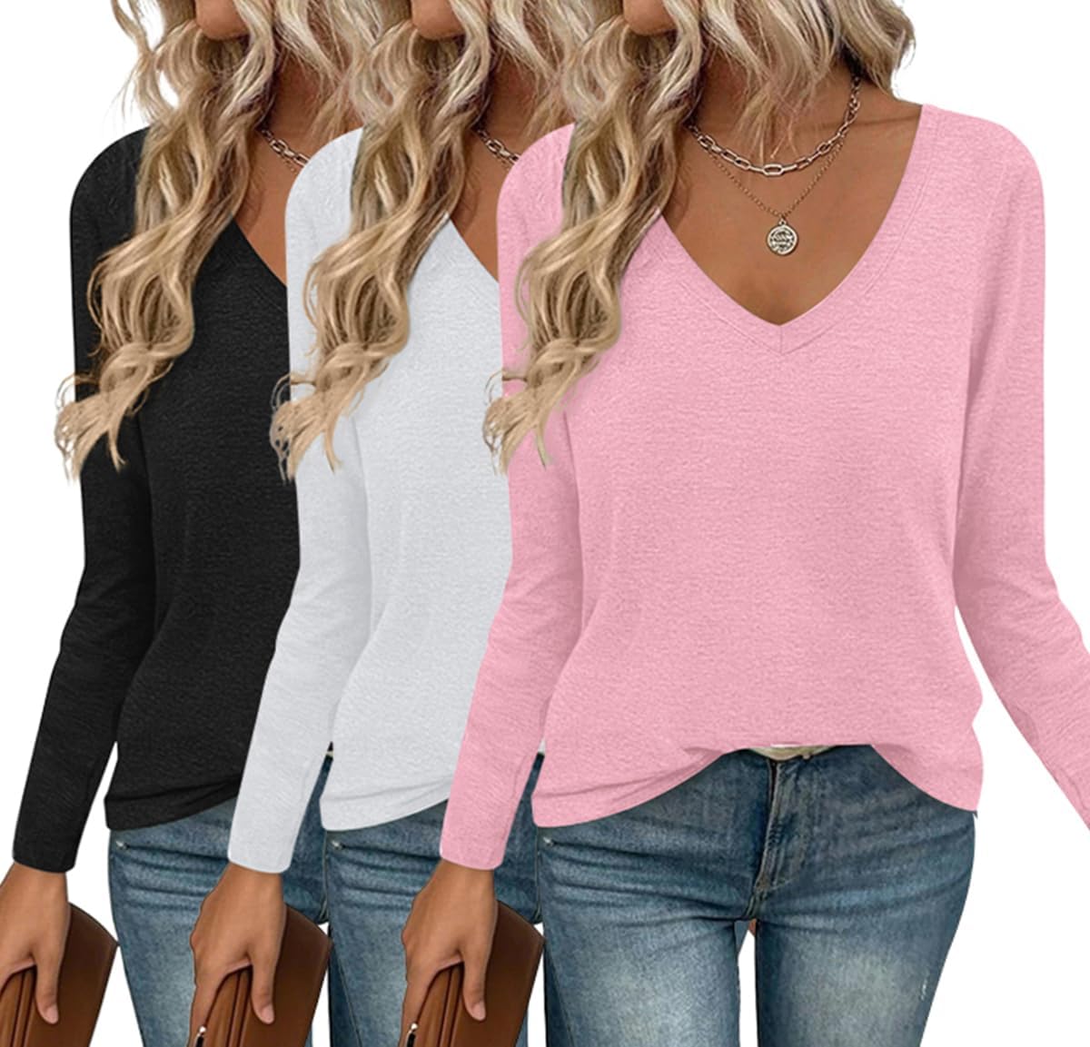 Ekouaer Long Sleeve V Neck T Shirts for Women - Casual Tops
