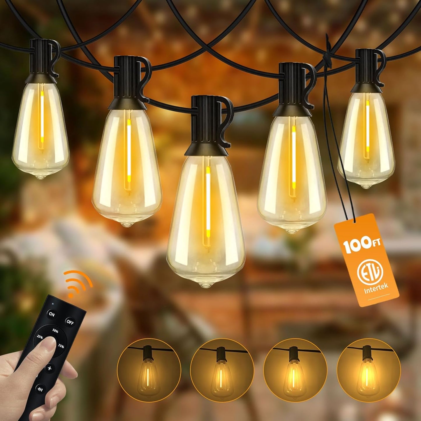 100FT Outdoor String Lights with Remote for Dimmable Decor