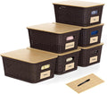 6 Pieces Brown Plastic Storage Baskets with Bamboo Lids - Stackable