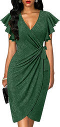 oten Womens Deep V Neck Ruffle Sleeve Sheath Dress - Stretchy Faux