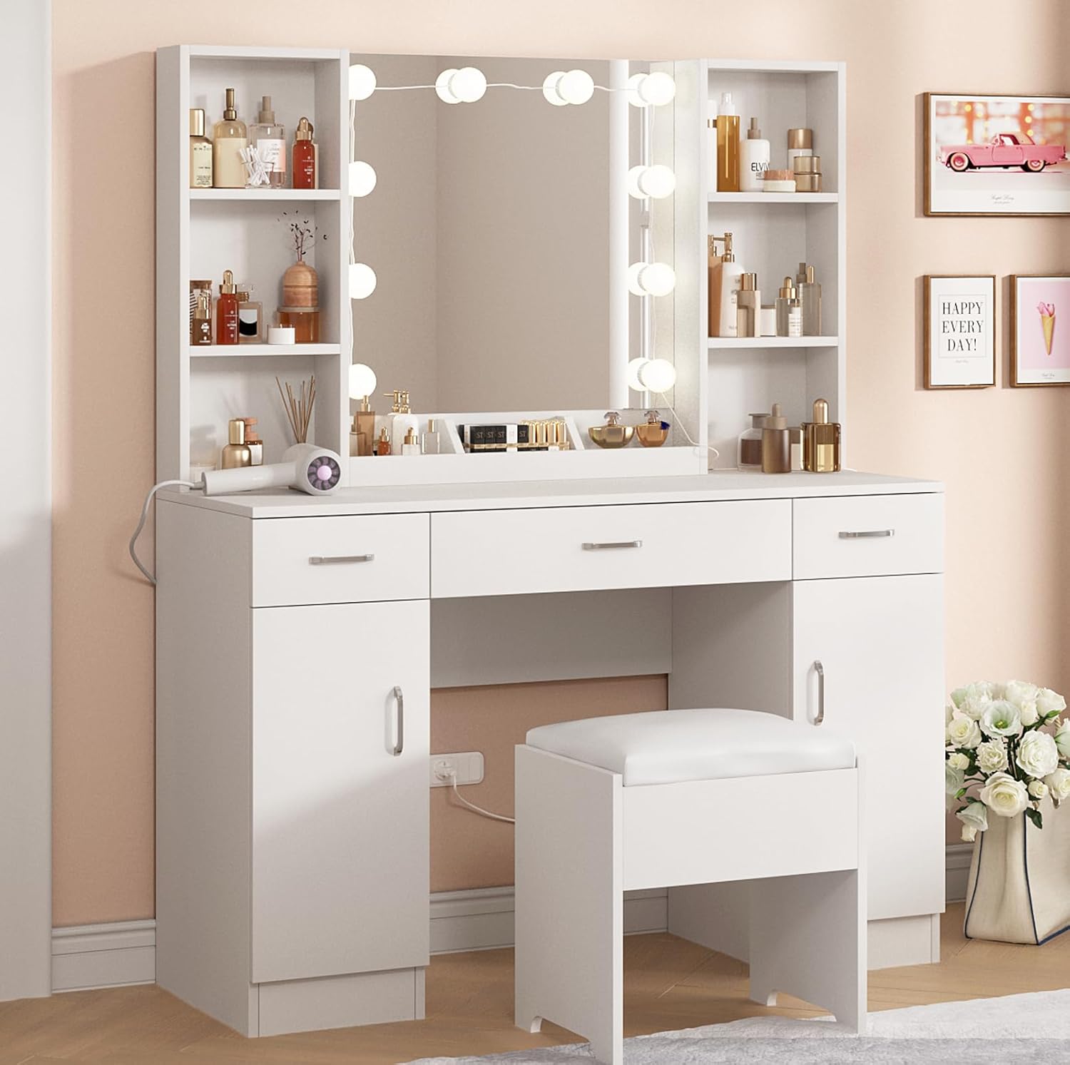 Vabches White Makeup Vanity Desk: 3 Lighting Colors