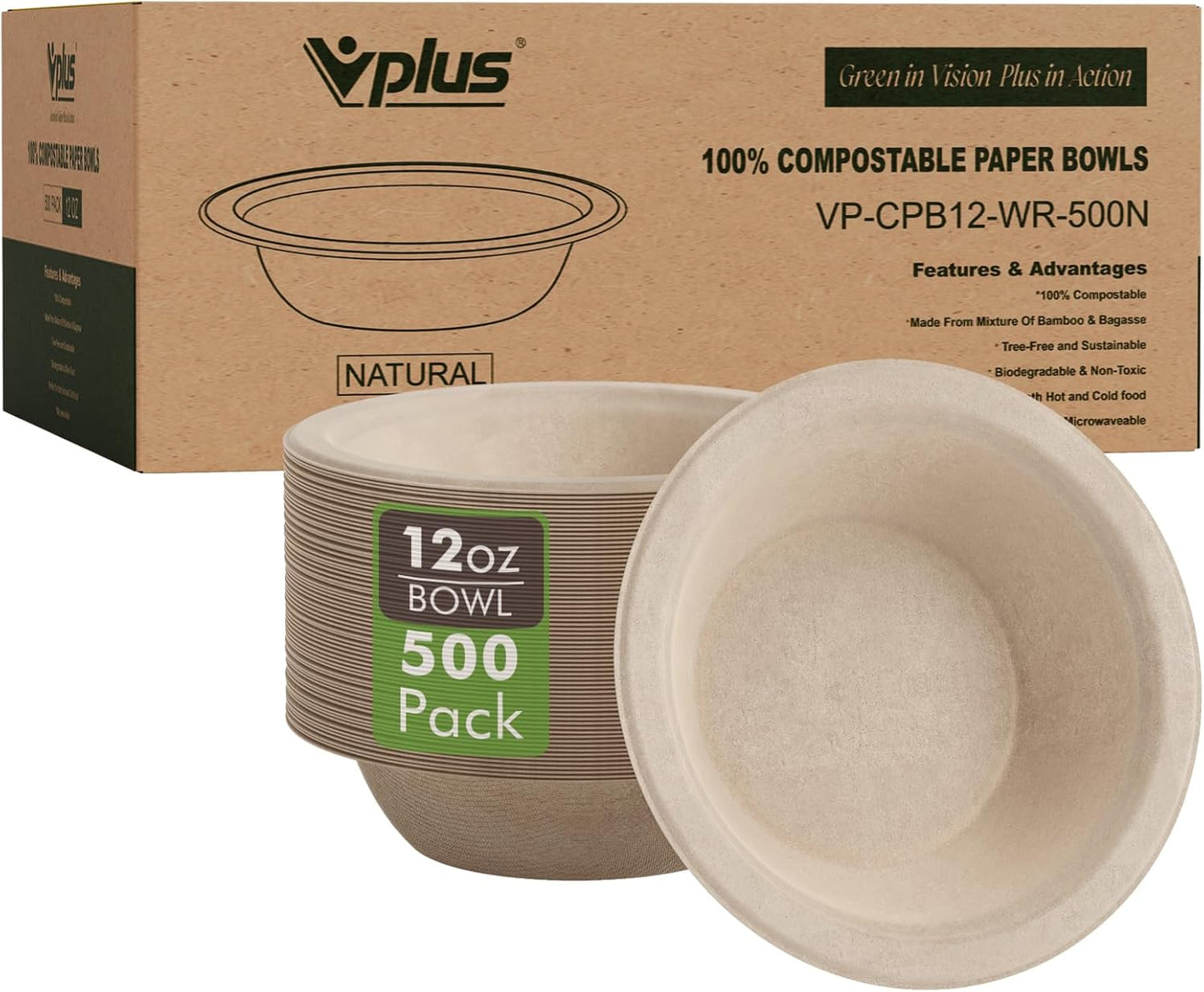 Vplus 500 Pack 12 OZ Paper Bowls for Eco-friendly Dining