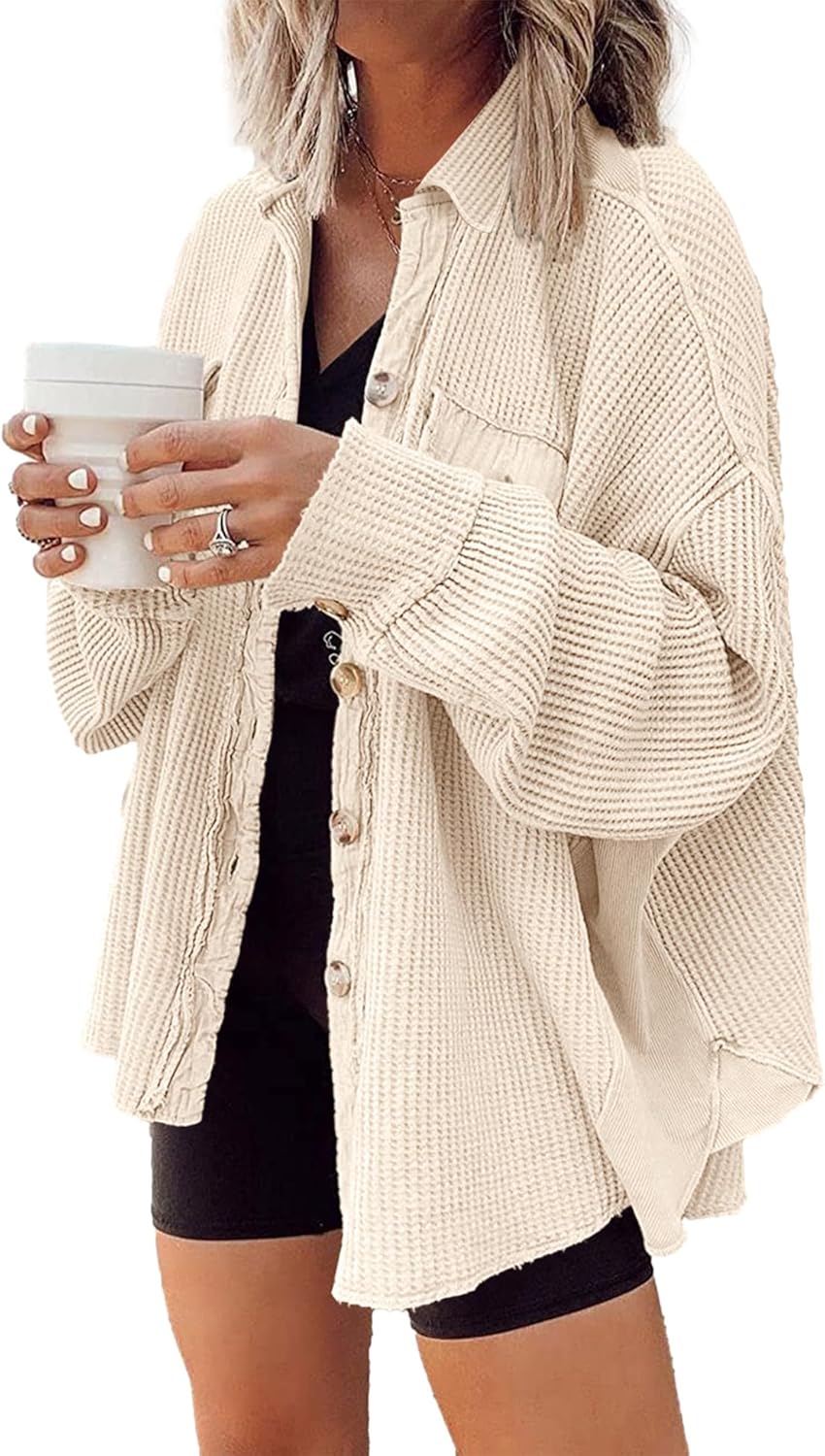 Waffle Knit Shacket for Women - Lightweight Oversized Button Down