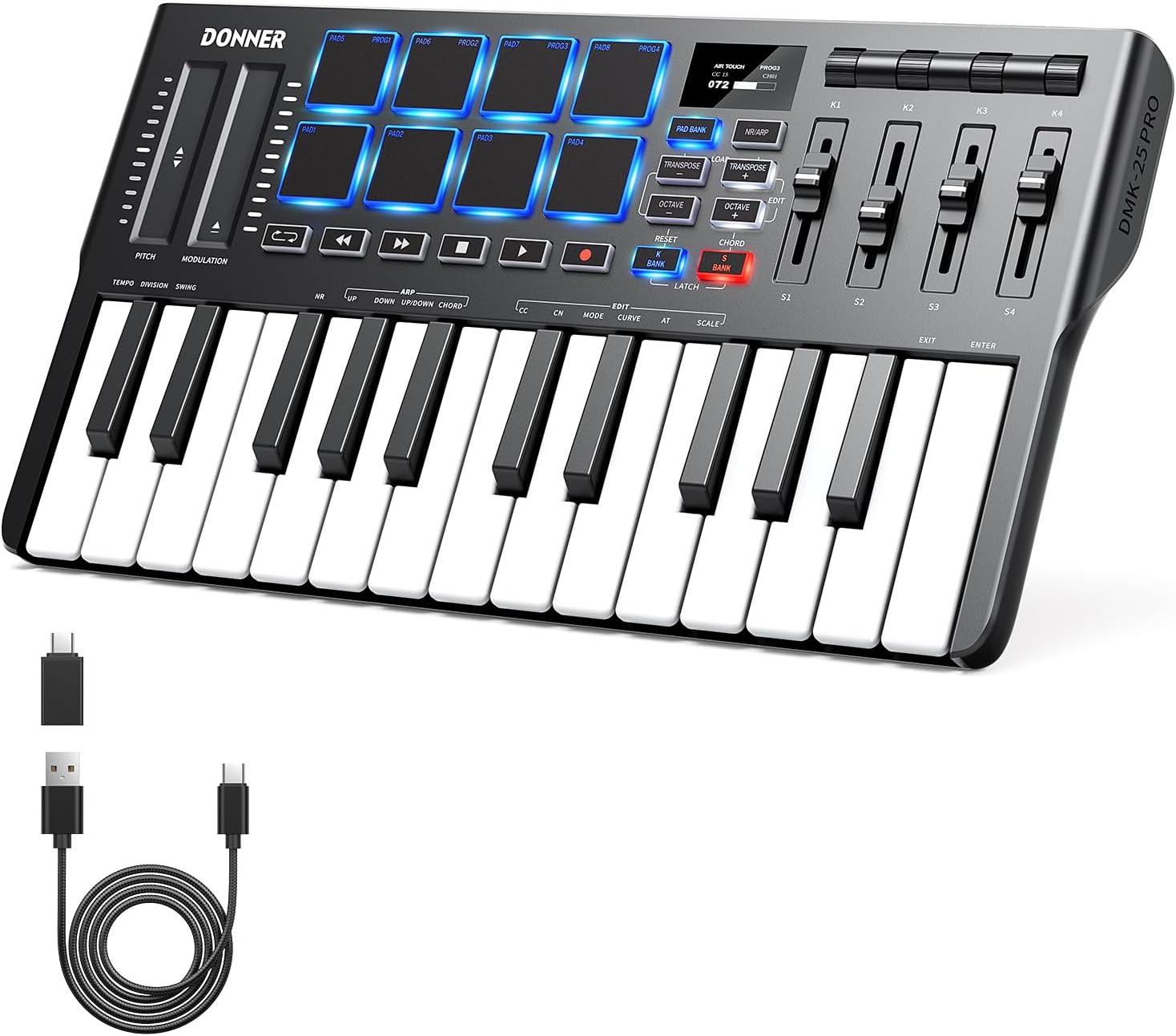 Portable MIDI Keyboard with Drum Pads & OLED Display