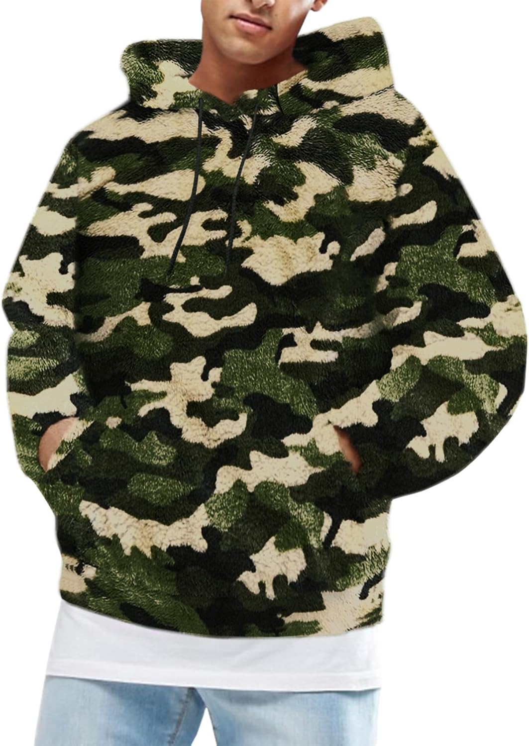 Runcati Mens Fuzzy Sherpa Pullover Hoodie for Winter Style