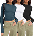 Womens 3 Pack Long Sleeve Crop Tops - Slim Fitted Stretch Tee