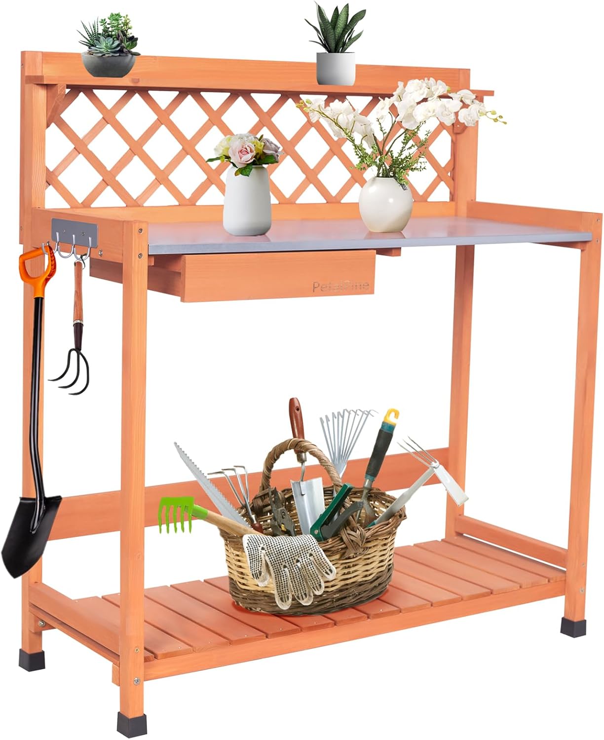 Outdoor Potting Bench with Metal Tabletop and Ample Storage