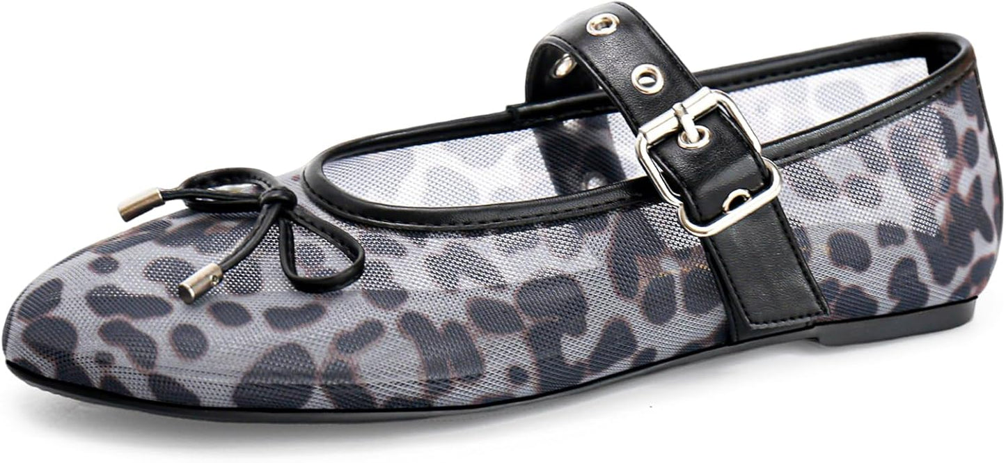 Leopard Mesh Flats for Women - Chic Mary Jane Ballet Shoes