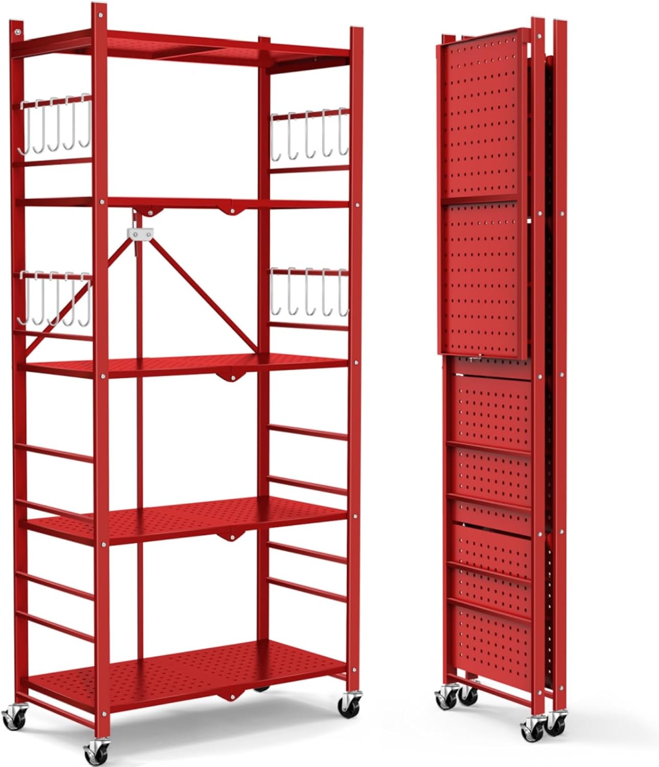 5-Tier Foldable Storage Shelves with 20 Hooks and Wheels