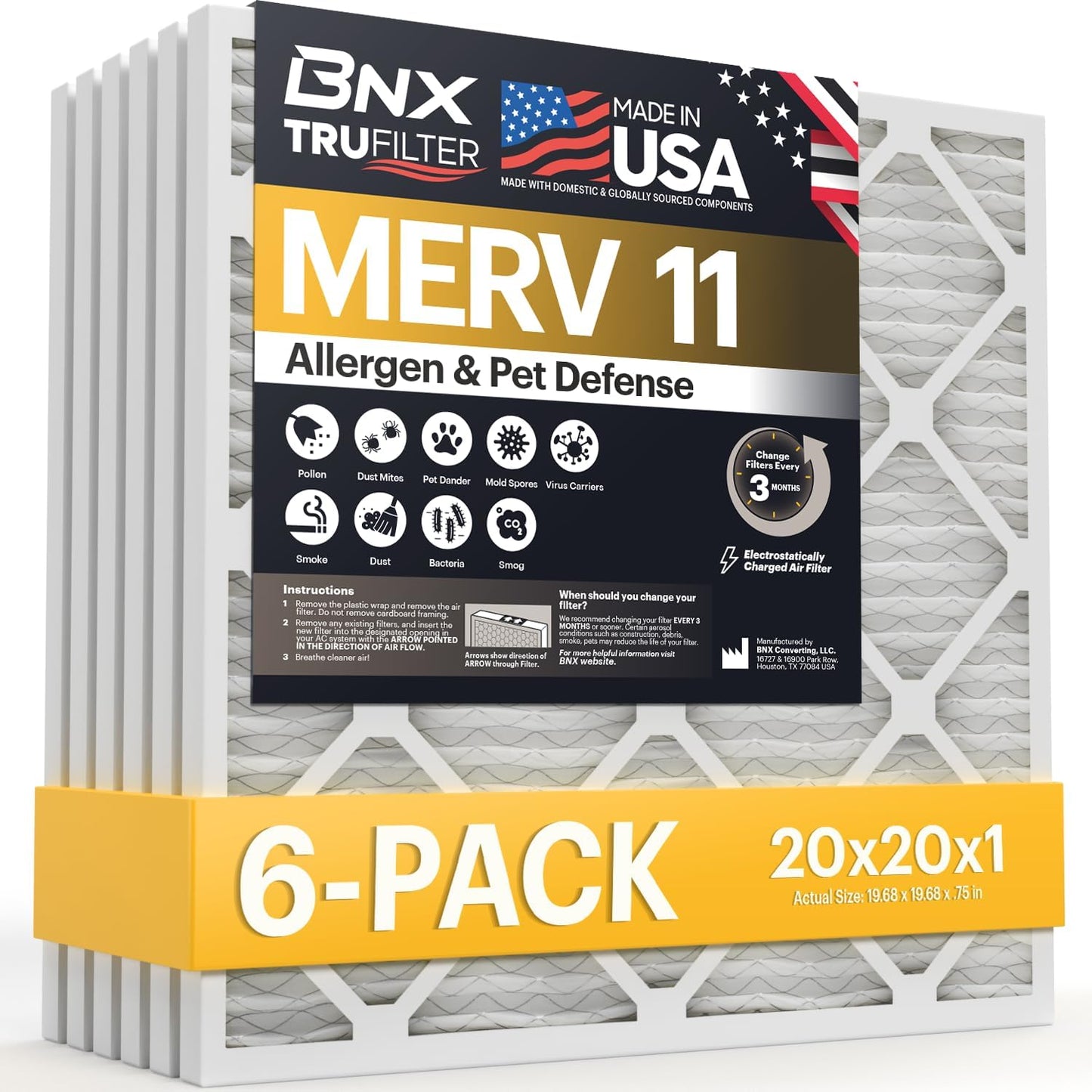 BNX TruFilter 20x20x1 MERV 11 (6-Pack) - Made in USA - Allergen Defense HVAC Filters