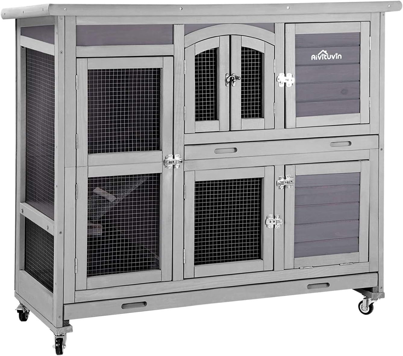 Aivituvin 47in Two Story Rabbit Hutch with Wheels for Bunnies