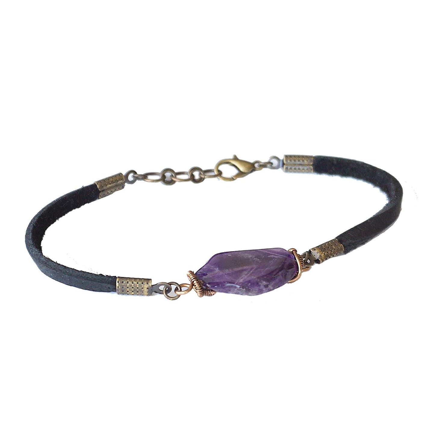 Unique Amethyst Black Leather Bracelet for February Birthstone