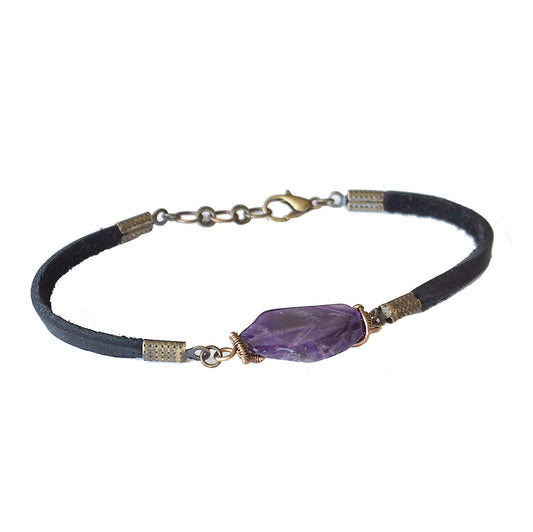 Unique Amethyst Black Leather Bracelet for February Birthstone
