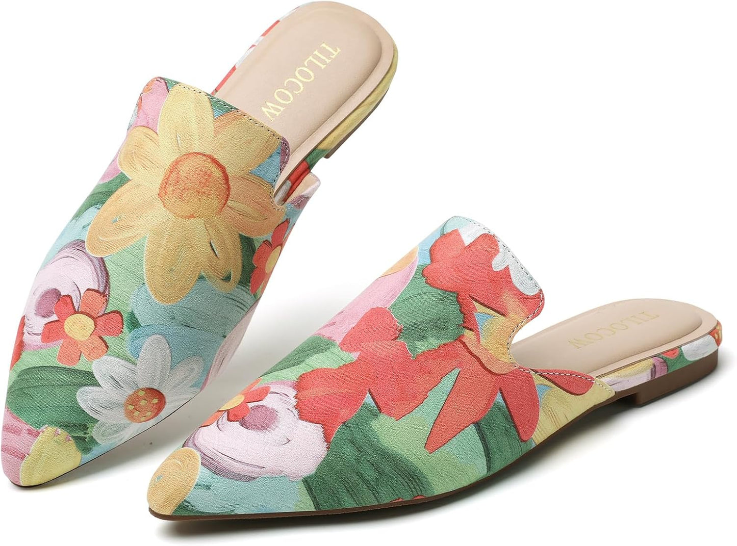 Tilocow Mules for Women - Comfortable Pointed Toe Slip On Flats