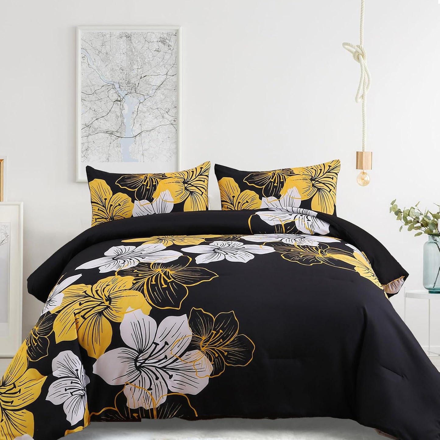 Menghomeus Full Comforter Set Black Gold Floral Bedding Elegance