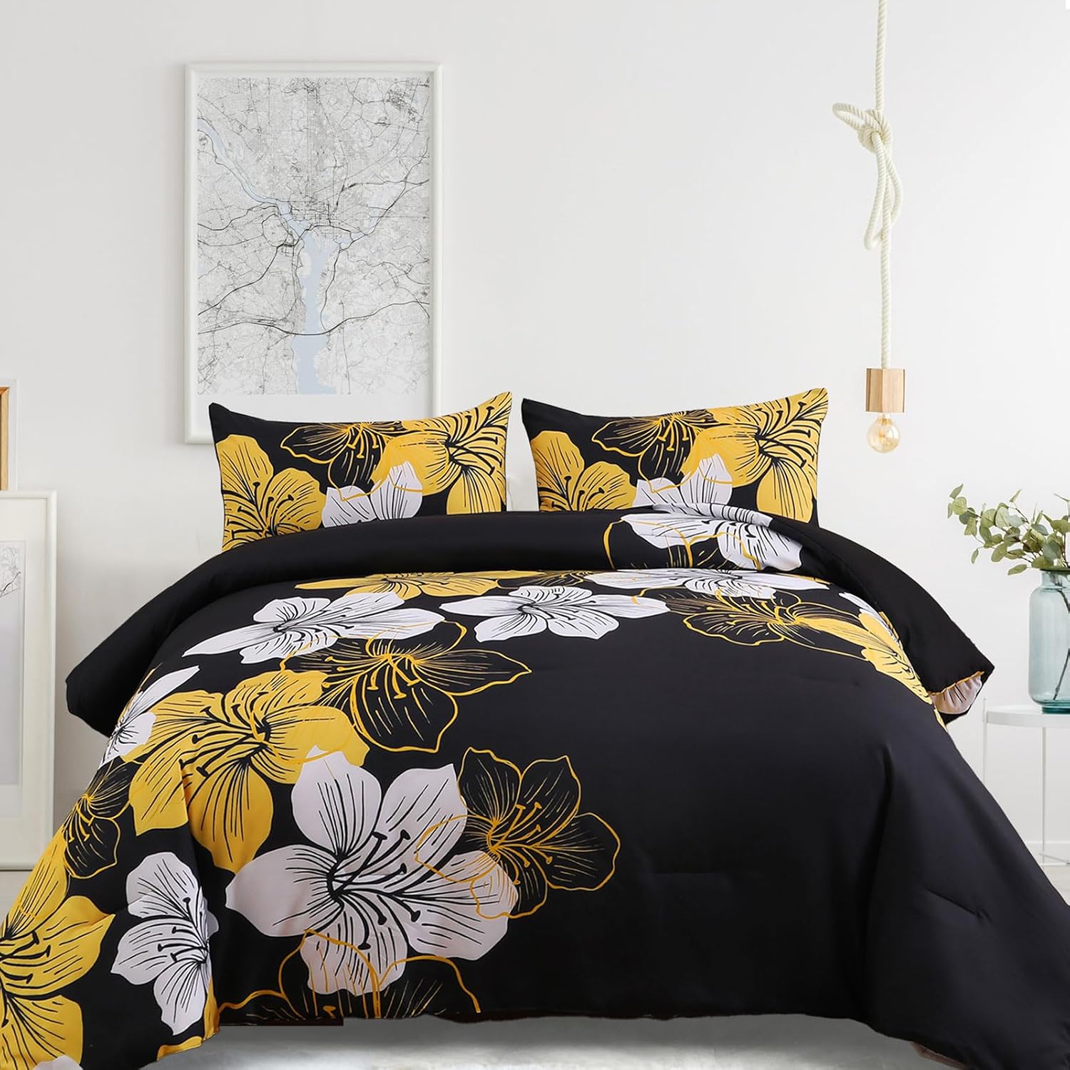 Menghomeus Full Comforter Set Black Gold Floral Bedding Elegance