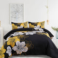 Queen Comforter Set Black Gold Floral Bedding - All Season Comfort