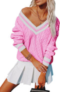 Womens V Neck Oversized Cable Knit Sweater - Cozy Chunky Pullover