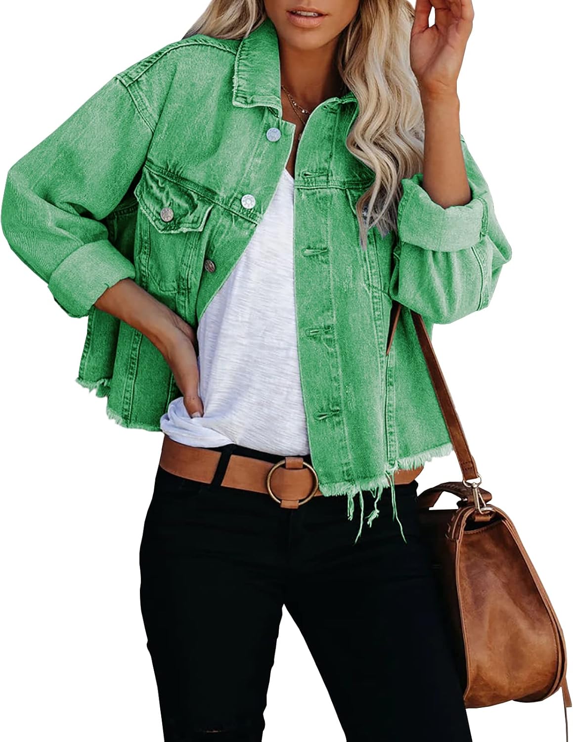 LONGBIDA Women's Cropped Denim Jacket with Frayed Hem and Pockets
