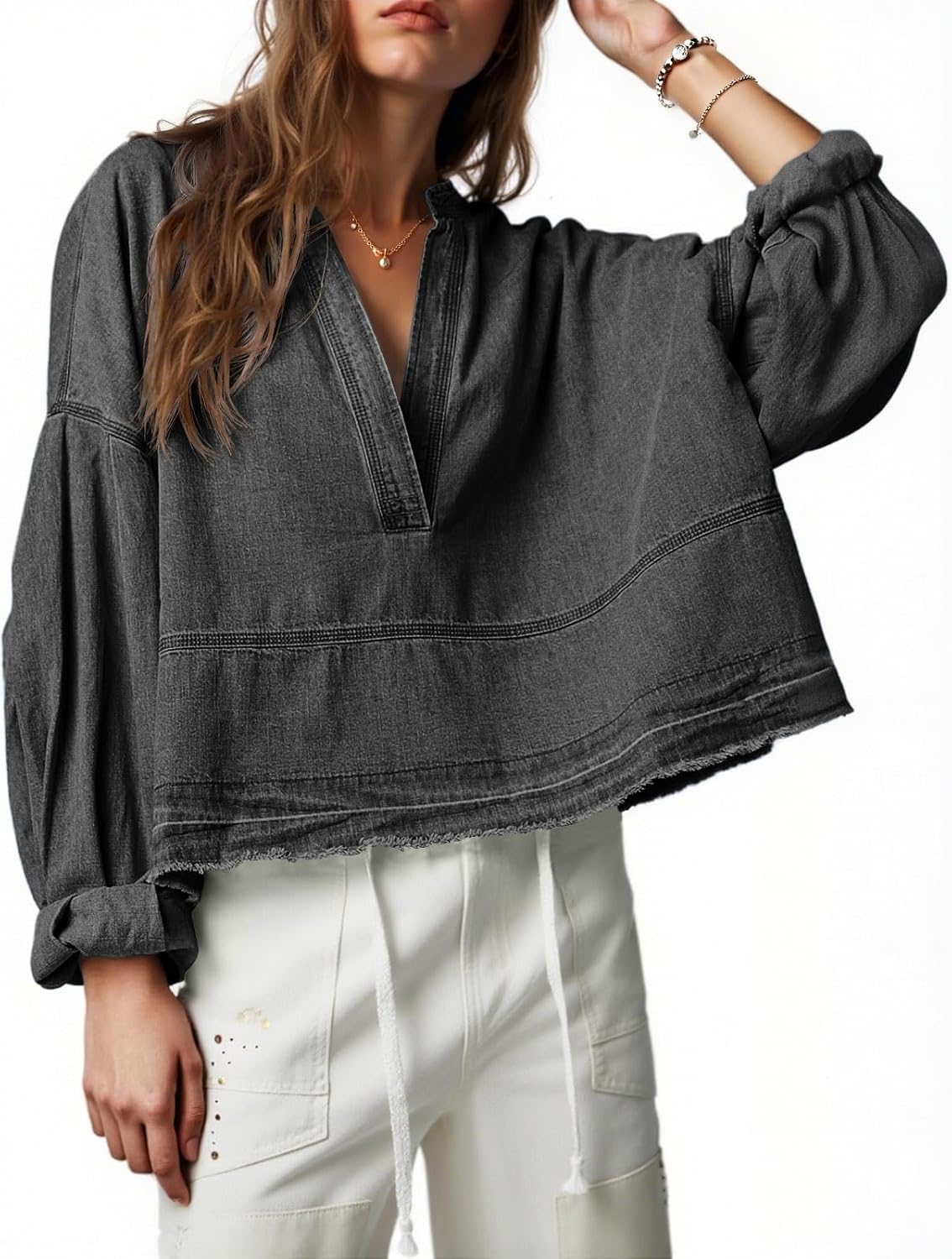 Trendy Casual V Neck Loose Fit Denim Tops for Women