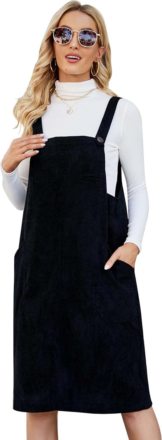 Flygo Women's Corduroy Jumper Overall Pinafore Midi Dress