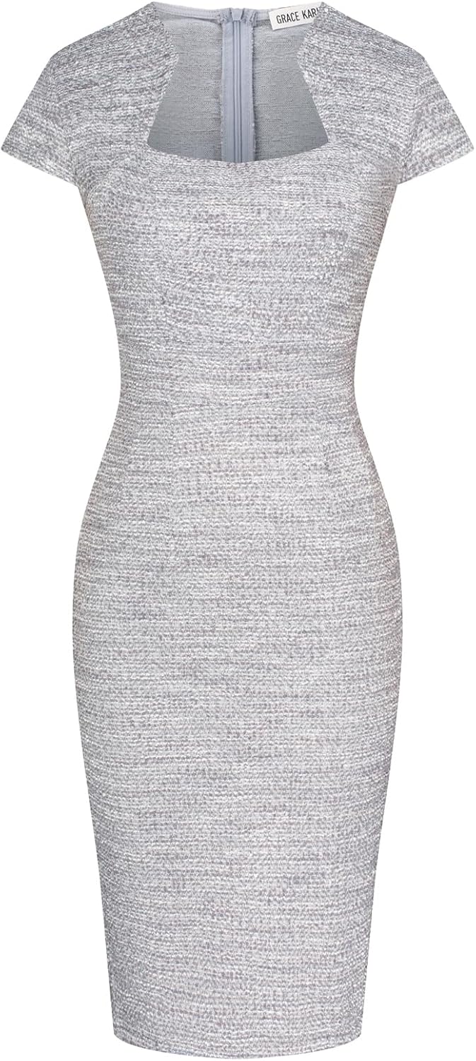 Gorgeous Pencil Dress for Work with Cap Sleeves and Tweed Design