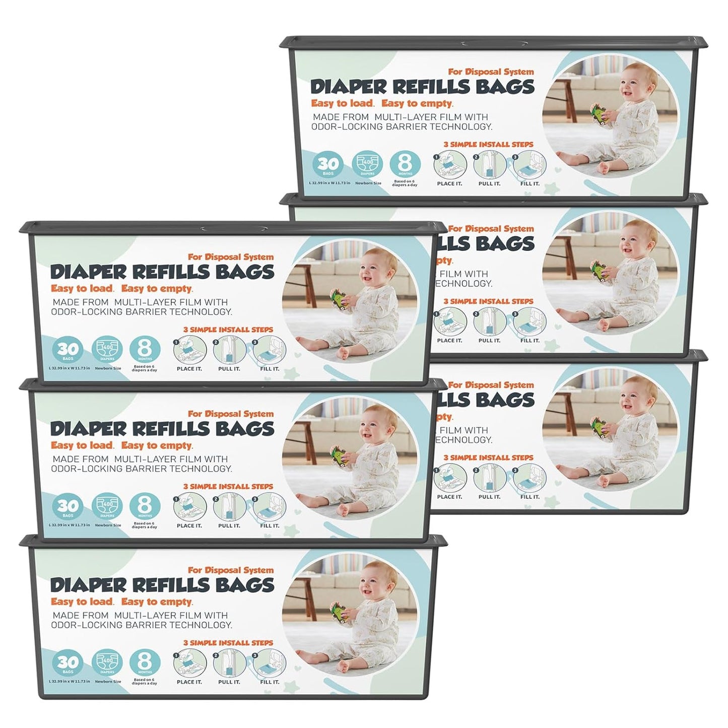Diaper Pail Refills Bags for Genie Easy Roll Pails - 180 Bags