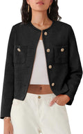 Women's Tweed Blazers Long Sleeve Cropped Button Cardigan Jacket