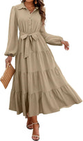 Long Sleeve A-Line Maxi Dress - Flowy Button Down Belted