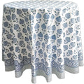 Roma Blue 72in Round Cotton Boho Tablecloth - Handblock Floral