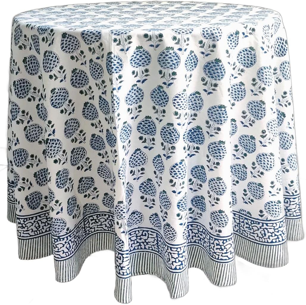 Roma Blue 100% Cotton Boho Round Tablecloth for All Occasions