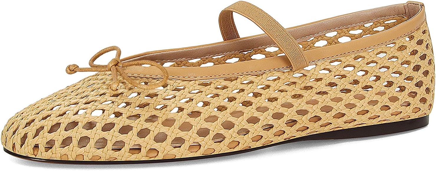 Woven Ballet Flats for Women Cute Raffia Mary Janes Shoes