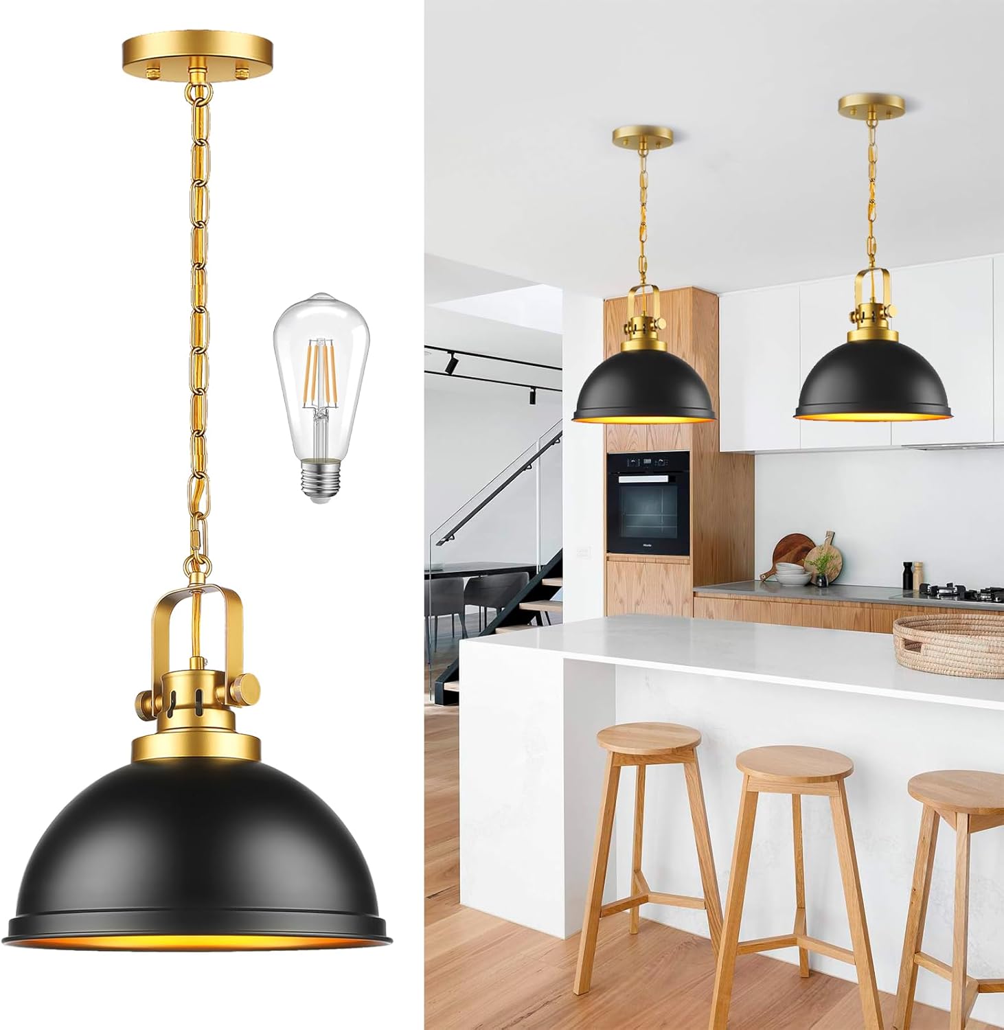 Farmhouse Black and Gold Pendant Lights for Kitchen Island