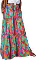 Womens Floral Boho Maxi Skirt High Waist Elastic Pleated Ruffle
