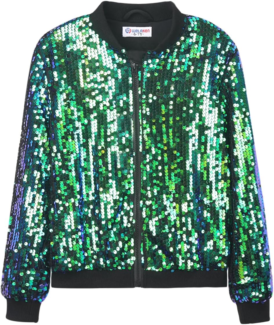 Girls' Ombre Sequin Bomber Jacket with Pockets for Kids