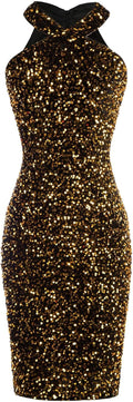 Sequin Dress for Women Sleeveless Halter Bodycon Mini - Sparkly Black