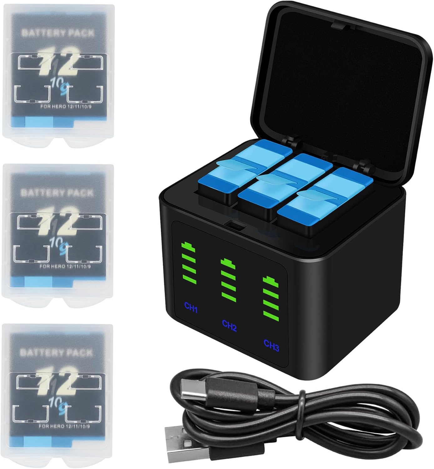 Battery Charger Kits for GoPro Hero 12 11 10 9 Black - 3-Pack