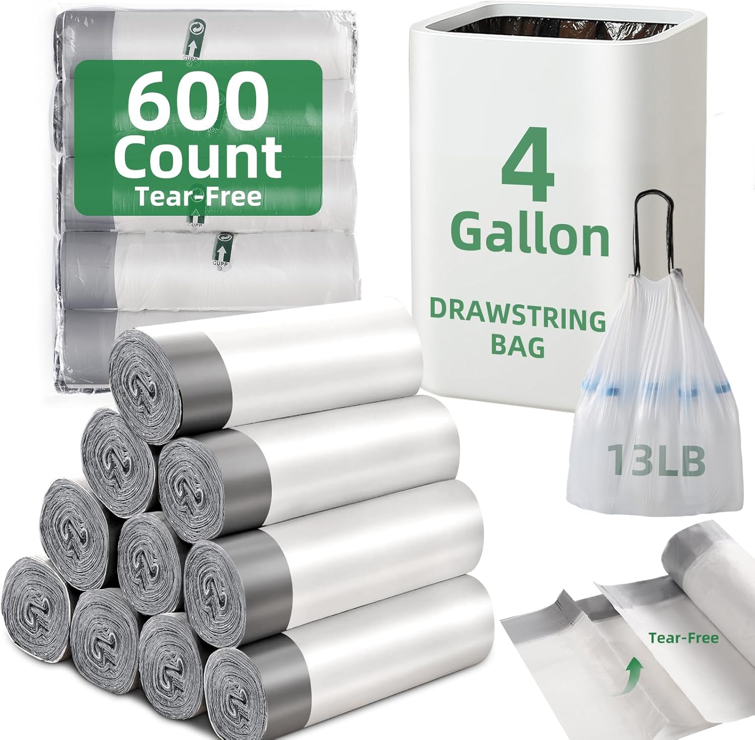 600 Counts 4 Gallon Trash Bags for Kitchen and Office Use