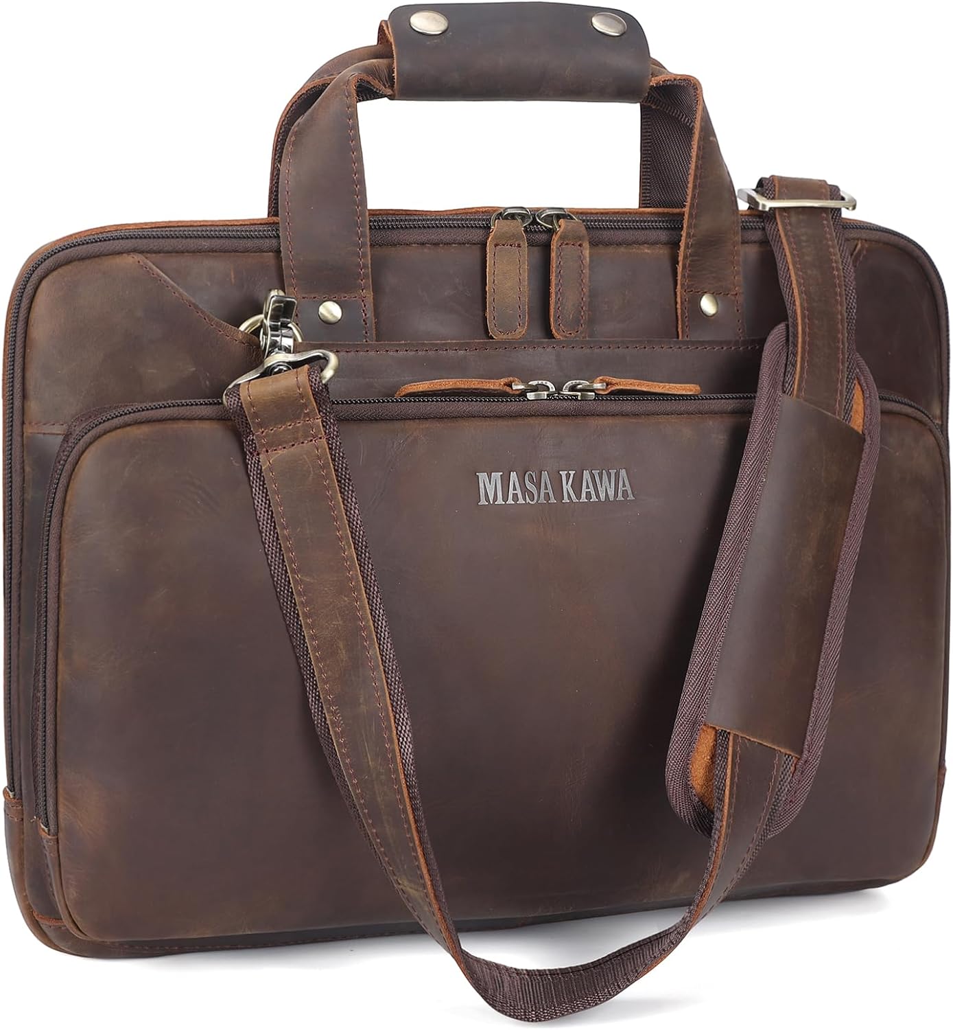Masa Kawa Leather Laptop Briefcase for Men - Vintage Brown Style