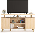 Fluted TV Stand for 65 Inch TV with Power Outlet & LED Light - Natural