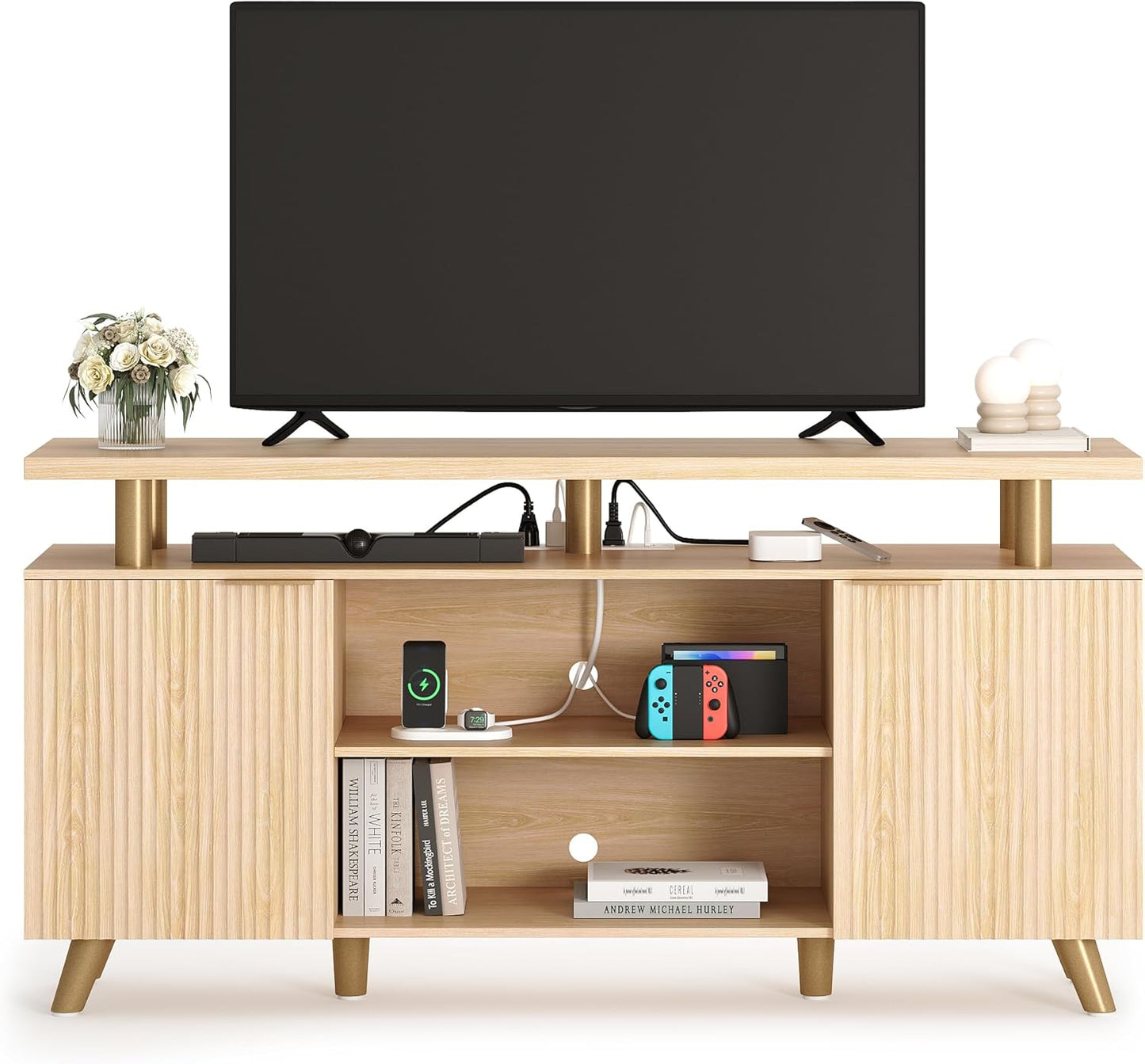 Modern LED TV Stand, 65 Inch, Power Outlet, Natrual Oak