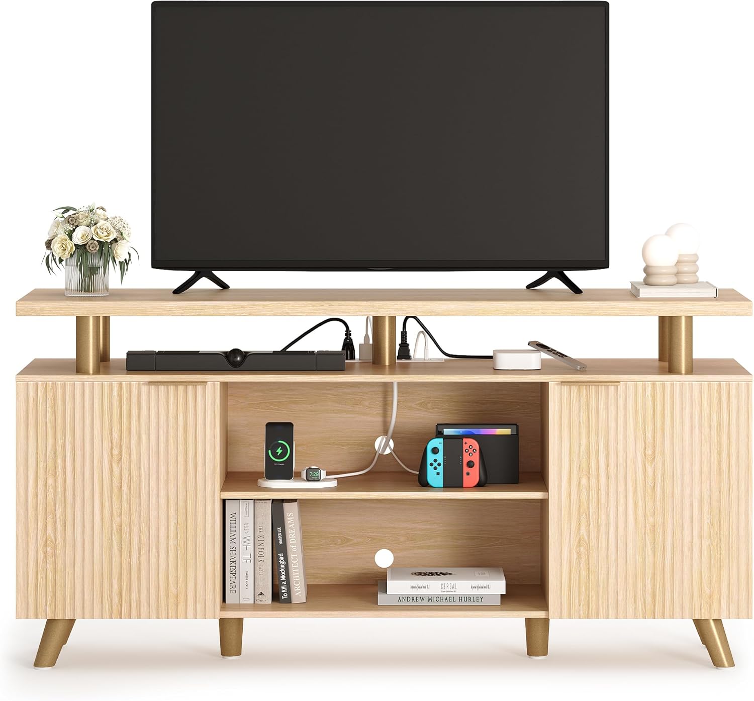 Modern LED TV Stand, 65 Inch, Power Outlet, Natrual Oak