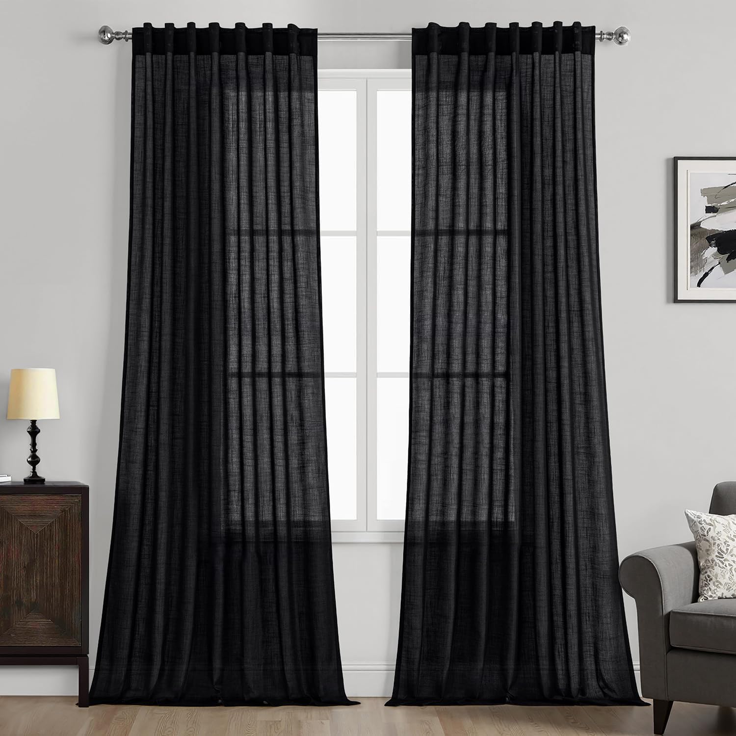 MIULEE Black Linen Curtains 90 Inch Length for Modern Decor