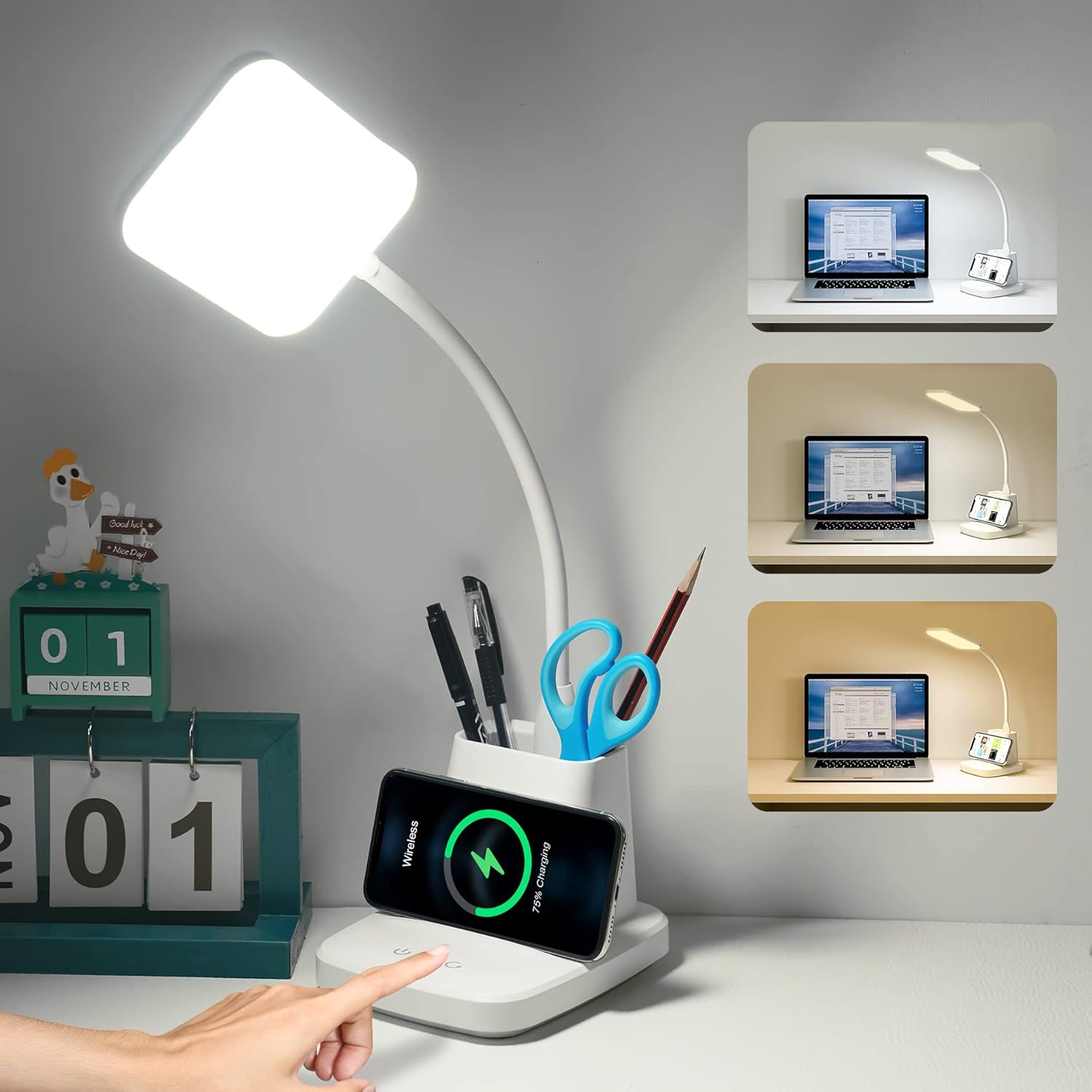 LED Desk Lamp with Wireless Charger and Pen Holder for Home Office