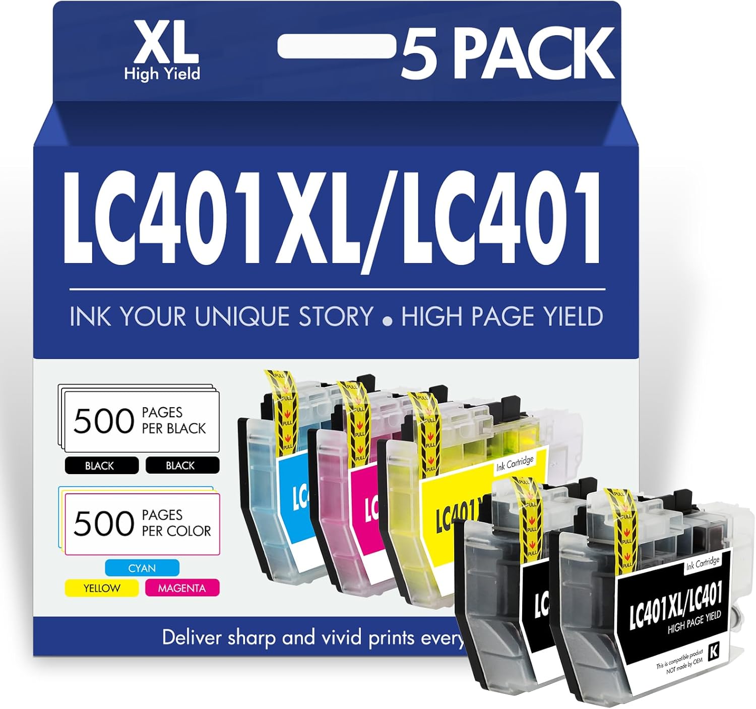 High Yield LC401XL Ink Cartridges for Brother Printers - 5 Pack