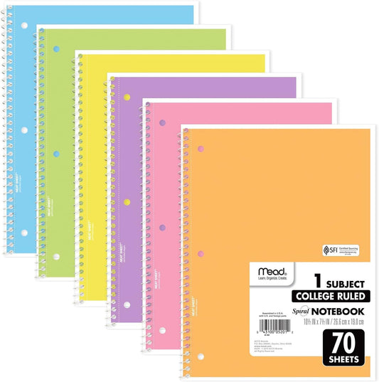 Mead 6-Pack Spiral Notebooks for College, 70 Sheets, Assorted Pastel Colors