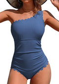 One Shoulder One Piece Swimsuit Women Ribbed Scalloped Cutout